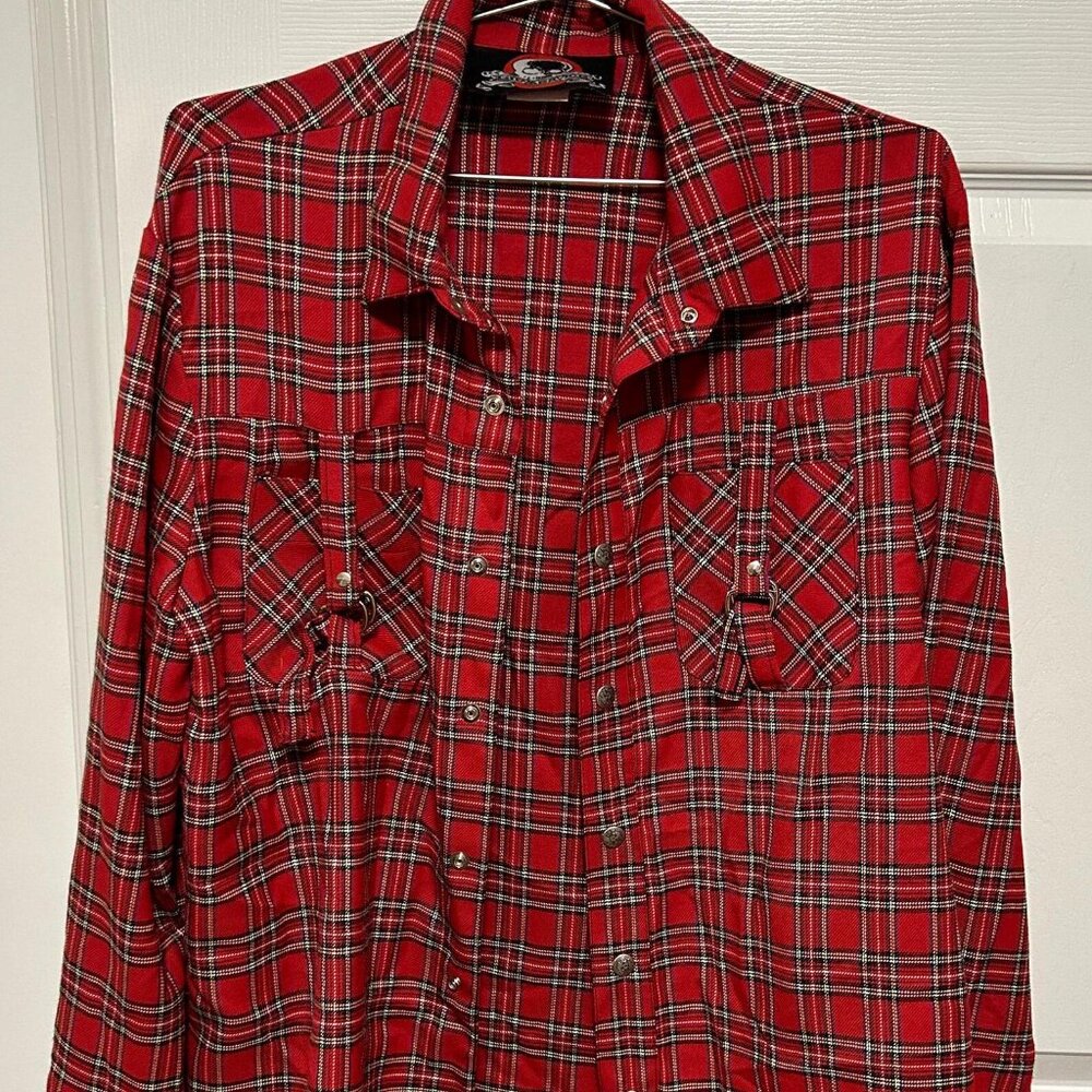 Vintage USA Lip Service Tartan Red Plaid Goth Punk Shirt D Ring Men's XL